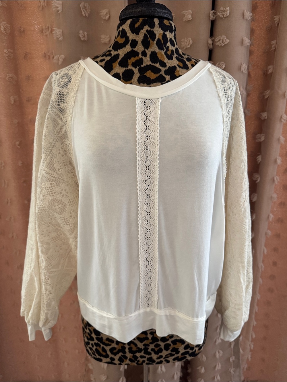 POL Lace Sleeve Cream Women's Top - Elegant Crochet Detail